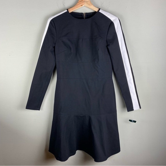 Ralph Lauren: Preppy Stretchy Peplum Long Sleeve Midi Dress Black White (NWT) - Picture 1 of 9